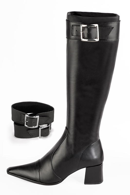 Satin black women's feminine knee-high boots. Tapered toe. Medium block heels. Made to measure. Profile view - Florence KOOIJMAN